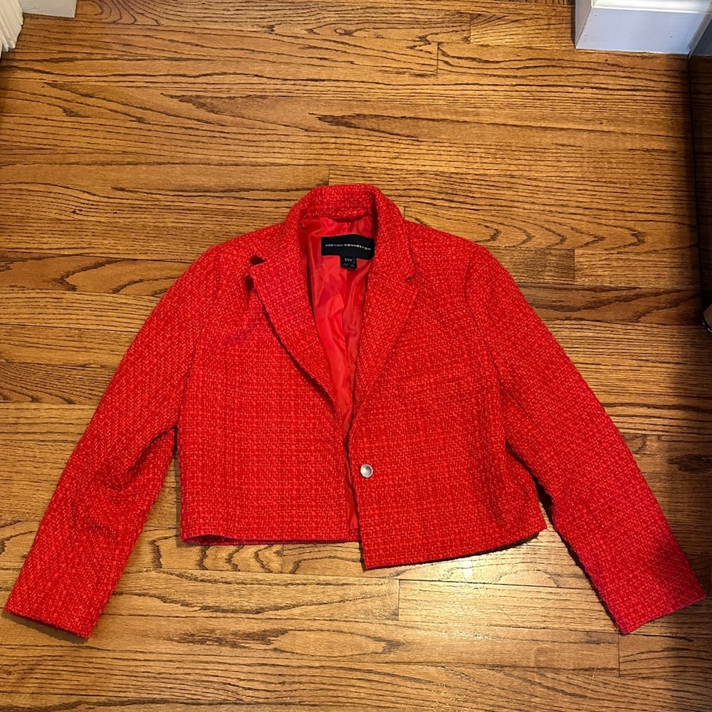 French Connection Cropped Red Tweed Blazer Jacket